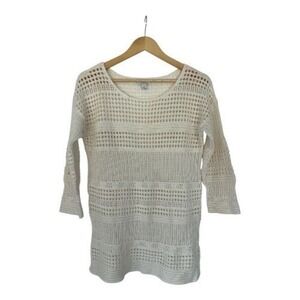 Fairy Core Crochet Knit Sweater M Boho Festival 70s 3/4 Sleeve Ivory Cream Tunic